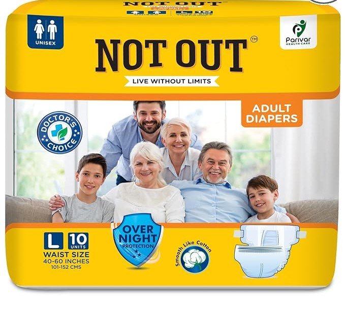 NOT OUT Overnight Protection 3D Core Odour Control Upto 12-Hour Absorption Adult Diapers-10 Pcs/Pack